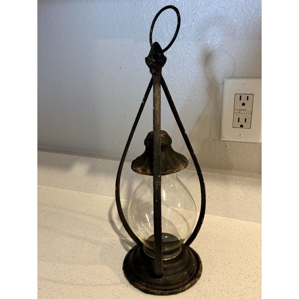 VTG Taper Candle Lantern Tear Dropped Shape Iron Frame Hanging Loop Onion Glass